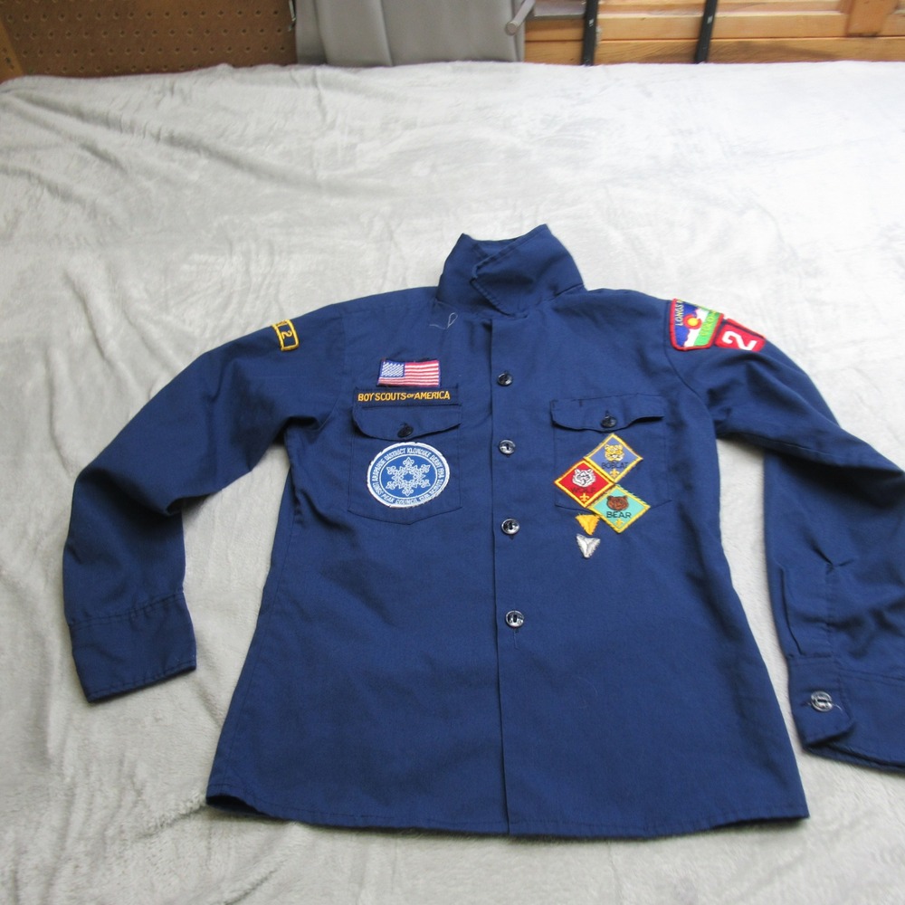 Official Boy Scouts of America Shirt Youth‎ 12 Blue Uniform Patches Pin L/S VTG